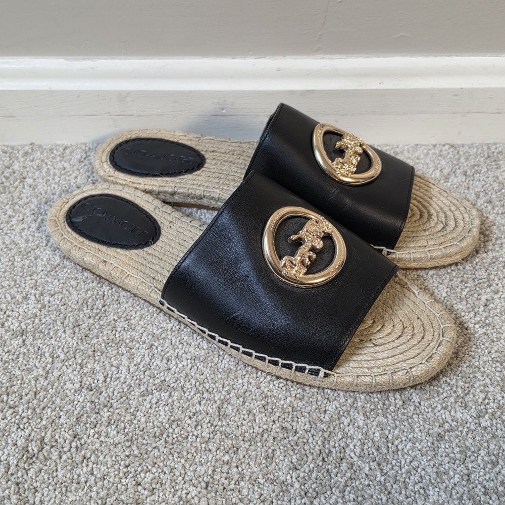 COACH Women's Camille Espadrill Black Leather Jute Footbed Sandals Shoes 7